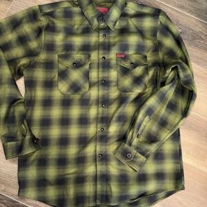 Dixxon Lone Wolf Flannel Snap Shirt Mens Size L Green Plaid Long Sleeve Grunge